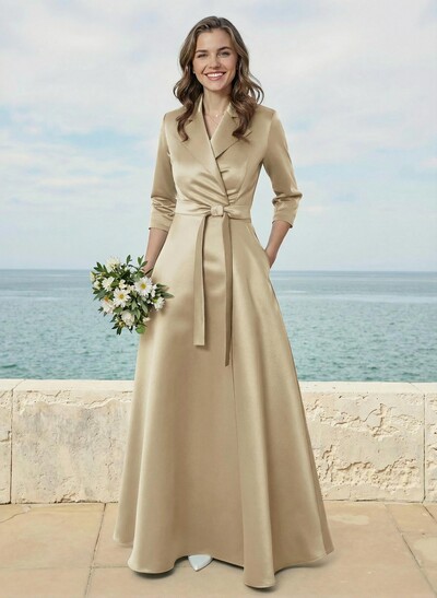 A-Line V-Neck 3/4 Sleeves Floor-Length Satin Bridesmaid Dresses With Sash