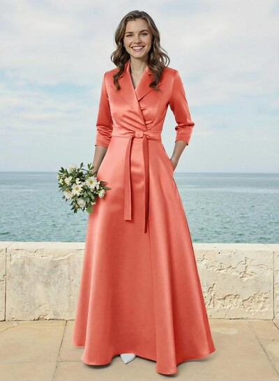 A-Line V-Neck 3/4 Sleeves Floor-Length Satin Bridesmaid Dresses With Sash