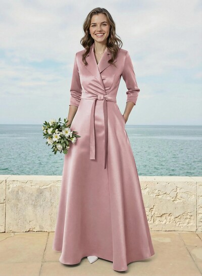 A-Line V-Neck 3/4 Sleeves Floor-Length Satin Bridesmaid Dresses With Sash