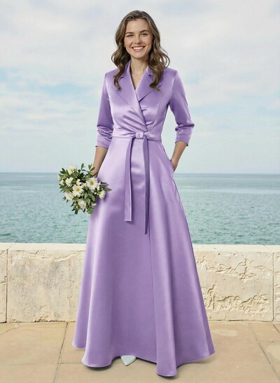 A-Line V-Neck 3/4 Sleeves Floor-Length Satin Bridesmaid Dresses With Sash