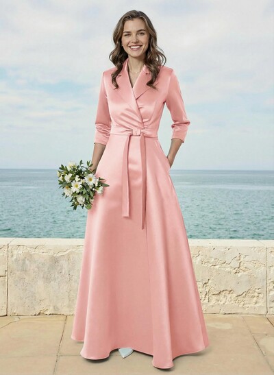 A-Line V-Neck 3/4 Sleeves Floor-Length Satin Bridesmaid Dresses With Sash
