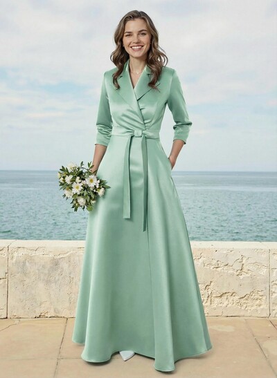 A-Line V-Neck 3/4 Sleeves Floor-Length Satin Bridesmaid Dresses With Sash