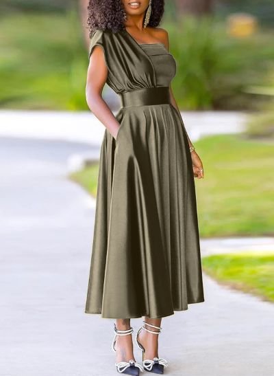 A-Line One-Shoulder Sleeveless Ankle-Length Silk Like Satin Bridesmaid Dresses