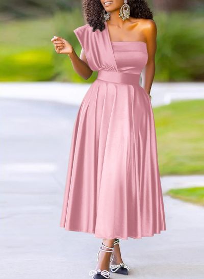 A-Line One-Shoulder Sleeveless Ankle-Length Silk Like Satin Bridesmaid Dresses