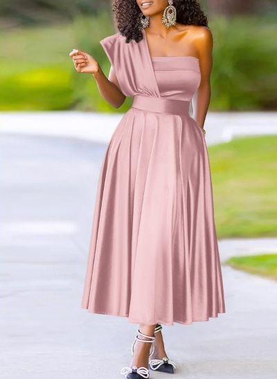 A-Line One-Shoulder Sleeveless Ankle-Length Silk Like Satin Bridesmaid Dresses