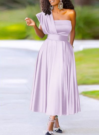 A-Line One-Shoulder Sleeveless Ankle-Length Silk Like Satin Bridesmaid Dresses