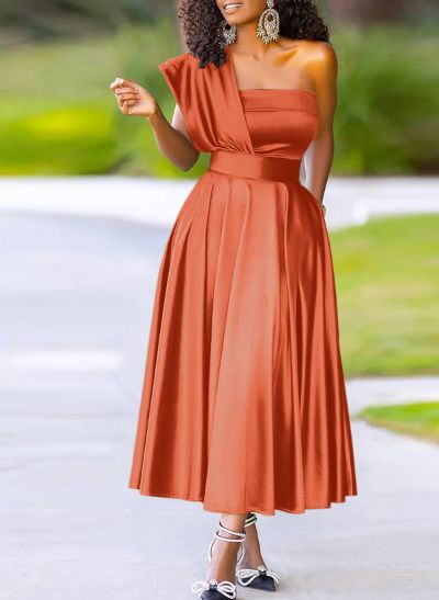 A-Line One-Shoulder Sleeveless Ankle-Length Silk Like Satin Bridesmaid Dresses