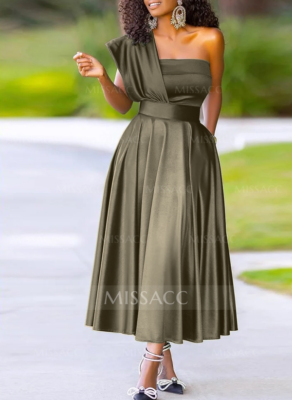 A-Line One-Shoulder Sleeveless Ankle-Length Silk Like Satin Bridesmaid Dresses