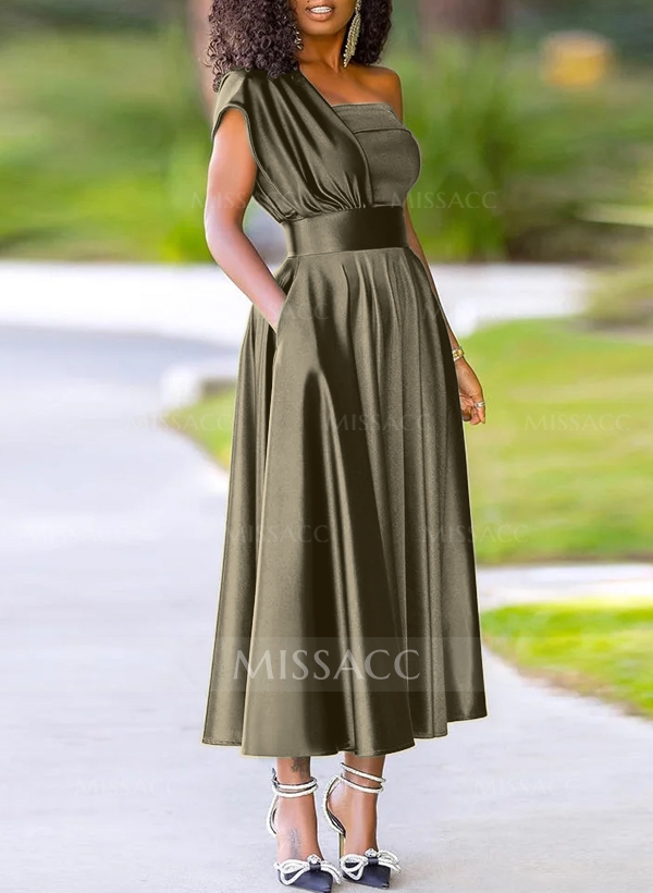 A-Line One-Shoulder Sleeveless Ankle-Length Silk Like Satin Bridesmaid Dresses