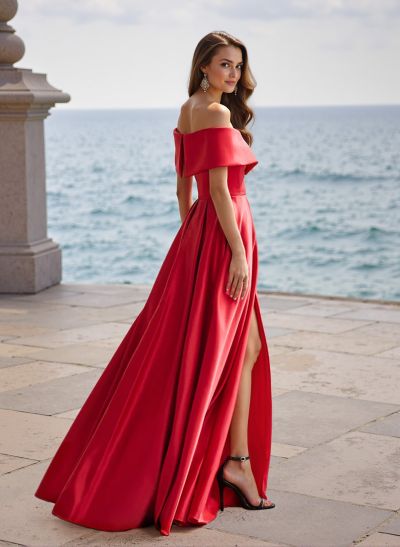 A-Line Off-The-Shoulder Sleeveless Satin Bridesmaid Dresses With Split Front