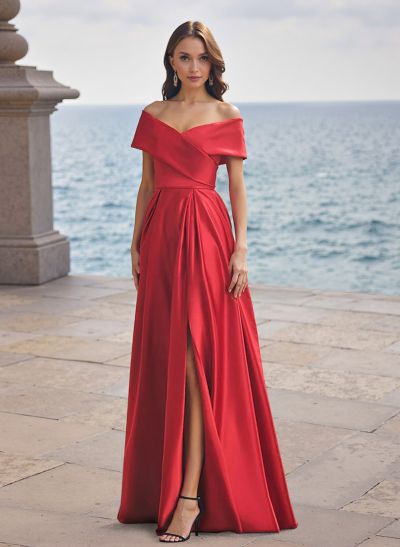 A-Line Off-The-Shoulder Sleeveless Satin Bridesmaid Dresses With Split Front