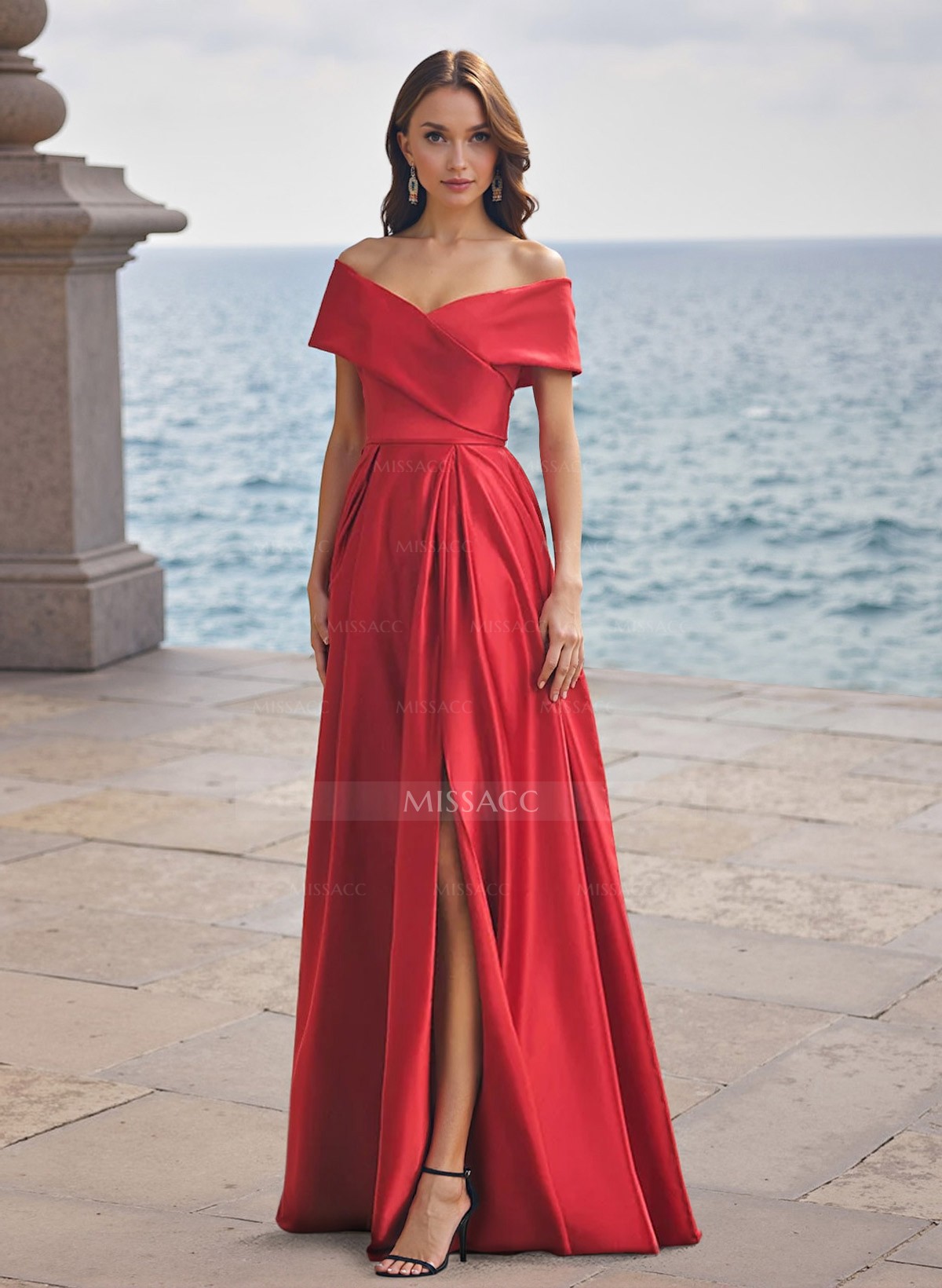 A-Line Off-The-Shoulder Sleeveless Satin Bridesmaid Dresses With Split Front