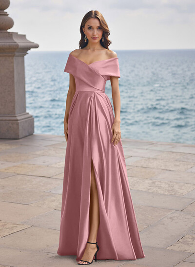 A-Line Off-The-Shoulder Sleeveless Satin Bridesmaid Dresses With Split Front