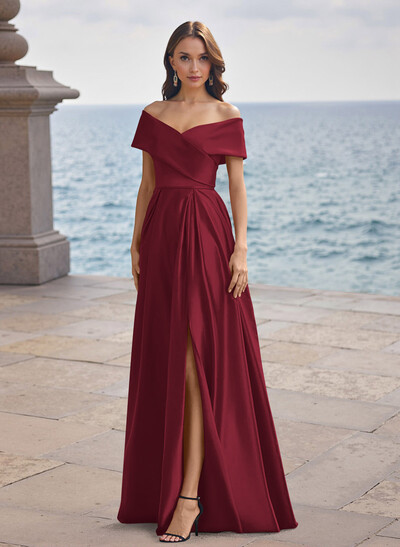 A-Line Off-The-Shoulder Sleeveless Satin Bridesmaid Dresses With Split Front