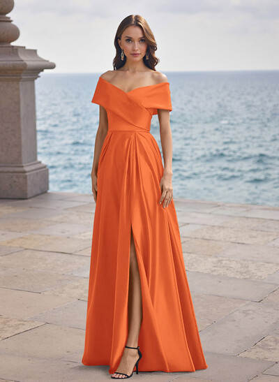 A-Line Off-The-Shoulder Sleeveless Satin Bridesmaid Dresses With Split Front