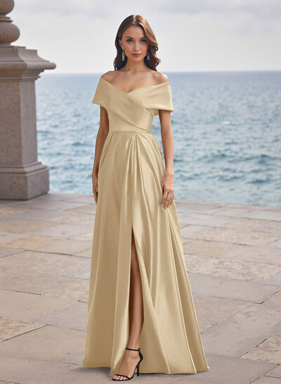 A-Line Off-The-Shoulder Sleeveless Satin Bridesmaid Dresses With Split Front
