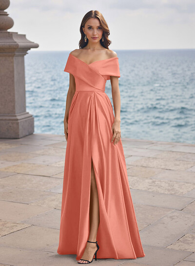 A-Line Off-The-Shoulder Sleeveless Satin Bridesmaid Dresses With Split Front