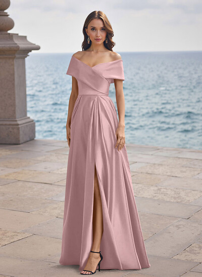 A-Line Off-The-Shoulder Sleeveless Satin Bridesmaid Dresses With Split Front