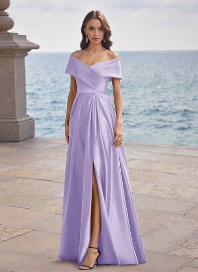 A-Line Off-The-Shoulder Sleeveless Satin Bridesmaid Dresses With Split Front