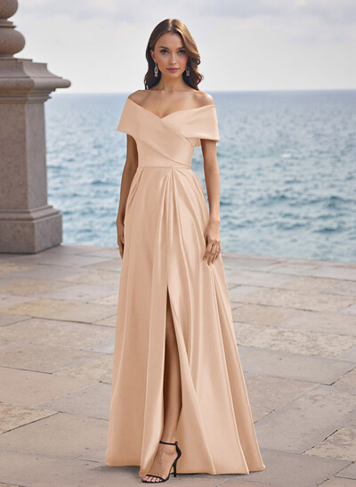 A-Line Off-The-Shoulder Sleeveless Satin Bridesmaid Dresses With Split Front