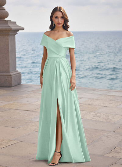 A-Line Off-The-Shoulder Sleeveless Satin Bridesmaid Dresses With Split Front