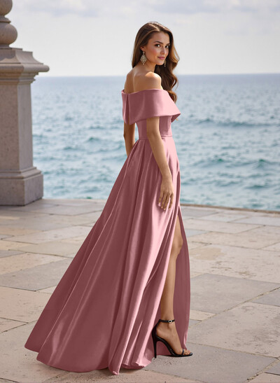 A-Line Off-The-Shoulder Sleeveless Satin Bridesmaid Dresses With Split Front