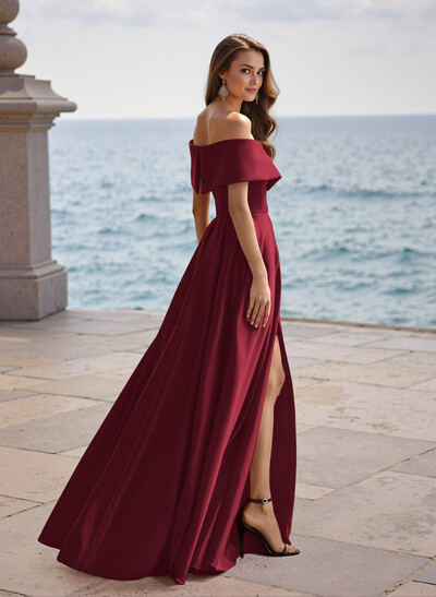 A-Line Off-The-Shoulder Sleeveless Satin Bridesmaid Dresses With Split Front
