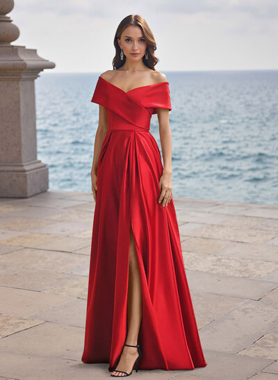 A-Line Off-The-Shoulder Sleeveless Satin Bridesmaid Dresses With Split Front