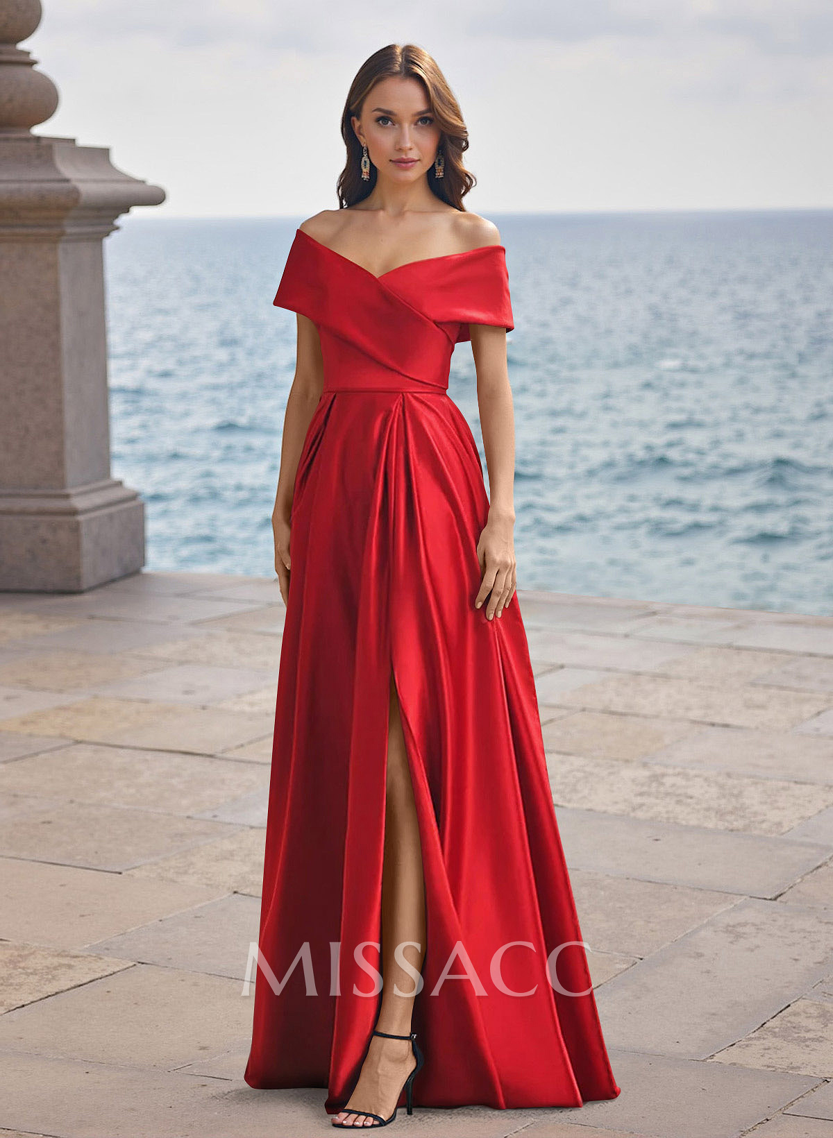 A-Line Off-The-Shoulder Sleeveless Satin Bridesmaid Dresses With Split Front
