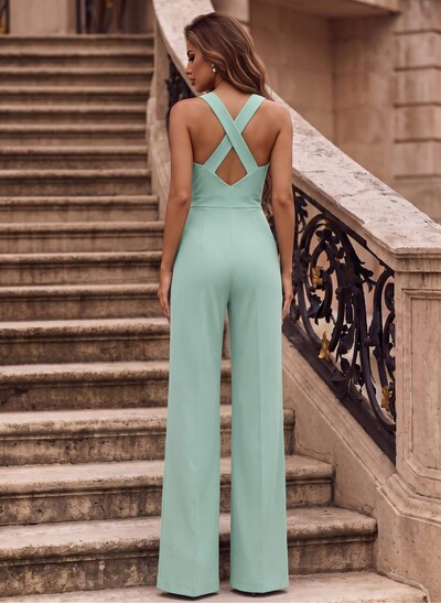 Jumpsuit/Pantsuit Square Neckline Sleeveless Elastic Satin Bridesmaid Dresses