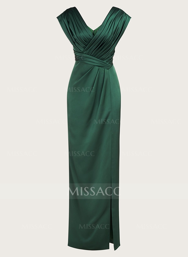 Sheath/Column V-Neck Sleeveless Satin Bridesmaid Dresses With Pleated