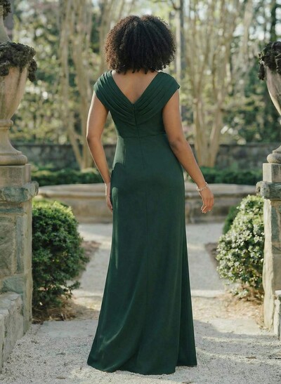 Sheath/Column V-Neck Sleeveless Crepe Satin Bridesmaid Dresses With Pleated