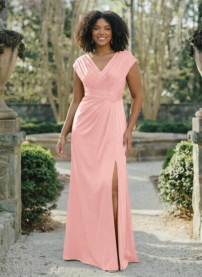 Sheath/Column V-Neck Sleeveless Crepe Satin Bridesmaid Dresses With Pleated