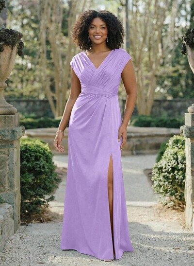 Sheath/Column V-Neck Sleeveless Crepe Satin Bridesmaid Dresses With Pleated