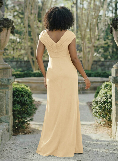 Sheath/Column V-Neck Sleeveless Crepe Satin Bridesmaid Dresses With Pleated