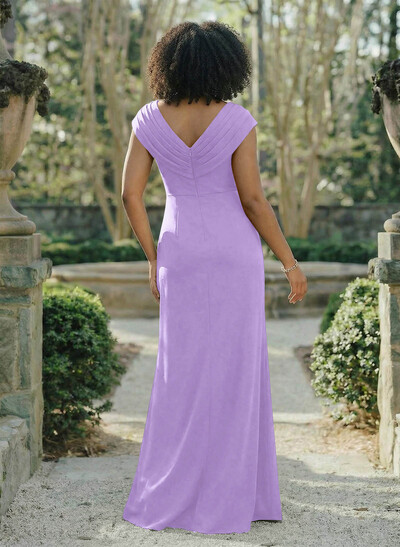 Sheath/Column V-Neck Sleeveless Crepe Satin Bridesmaid Dresses With Pleated