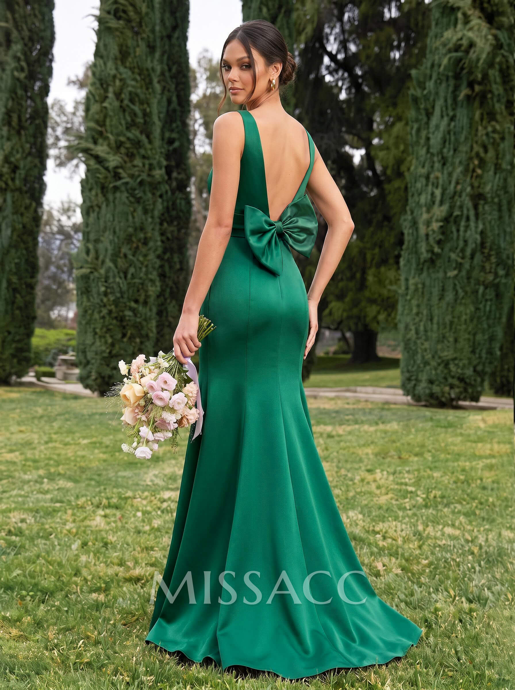 Trumpet/Mermaid Sleeveless Sweep Train Satin Bridesmaid Dresses With Bow(s)