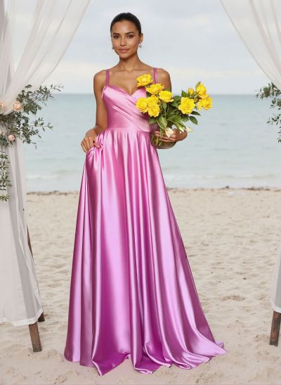 A-Line Sweetheart Sleeveless Floor-Length Satin Bridesmaid Dresses With Pockets