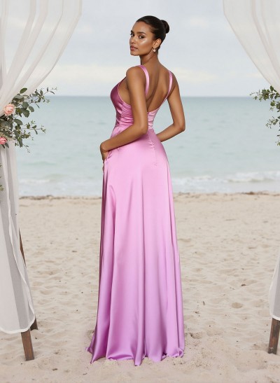 A-Line Sweetheart Sleeveless Floor-Length Satin Bridesmaid Dresses With Pockets