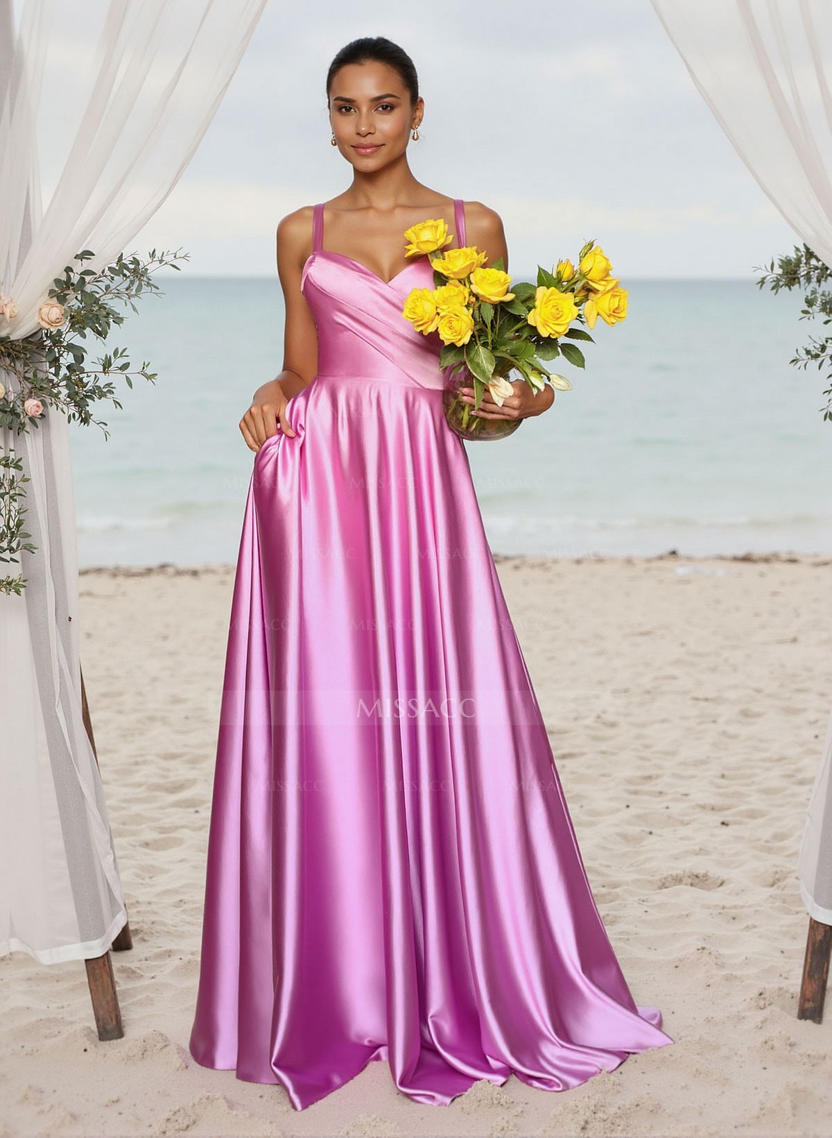 A-Line Sweetheart Sleeveless Floor-Length Satin Bridesmaid Dresses With Pockets