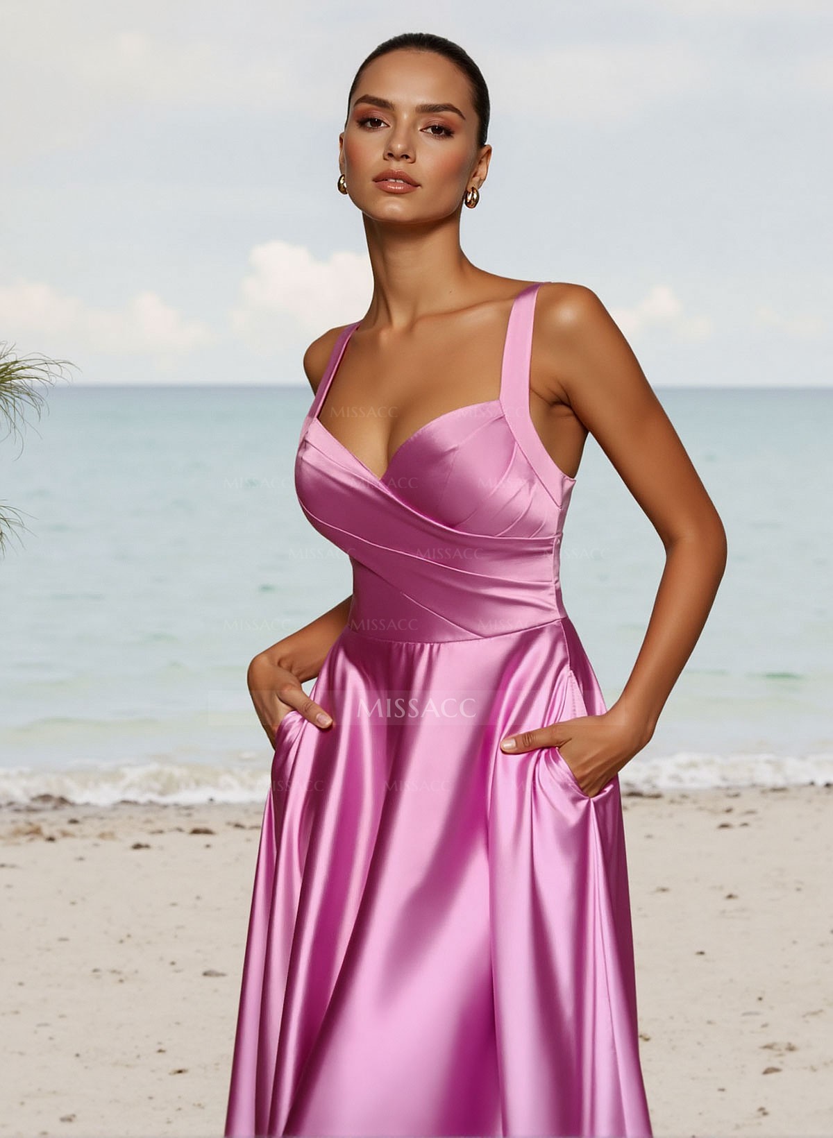 A-Line Sweetheart Sleeveless Floor-Length Satin Bridesmaid Dresses With Pockets