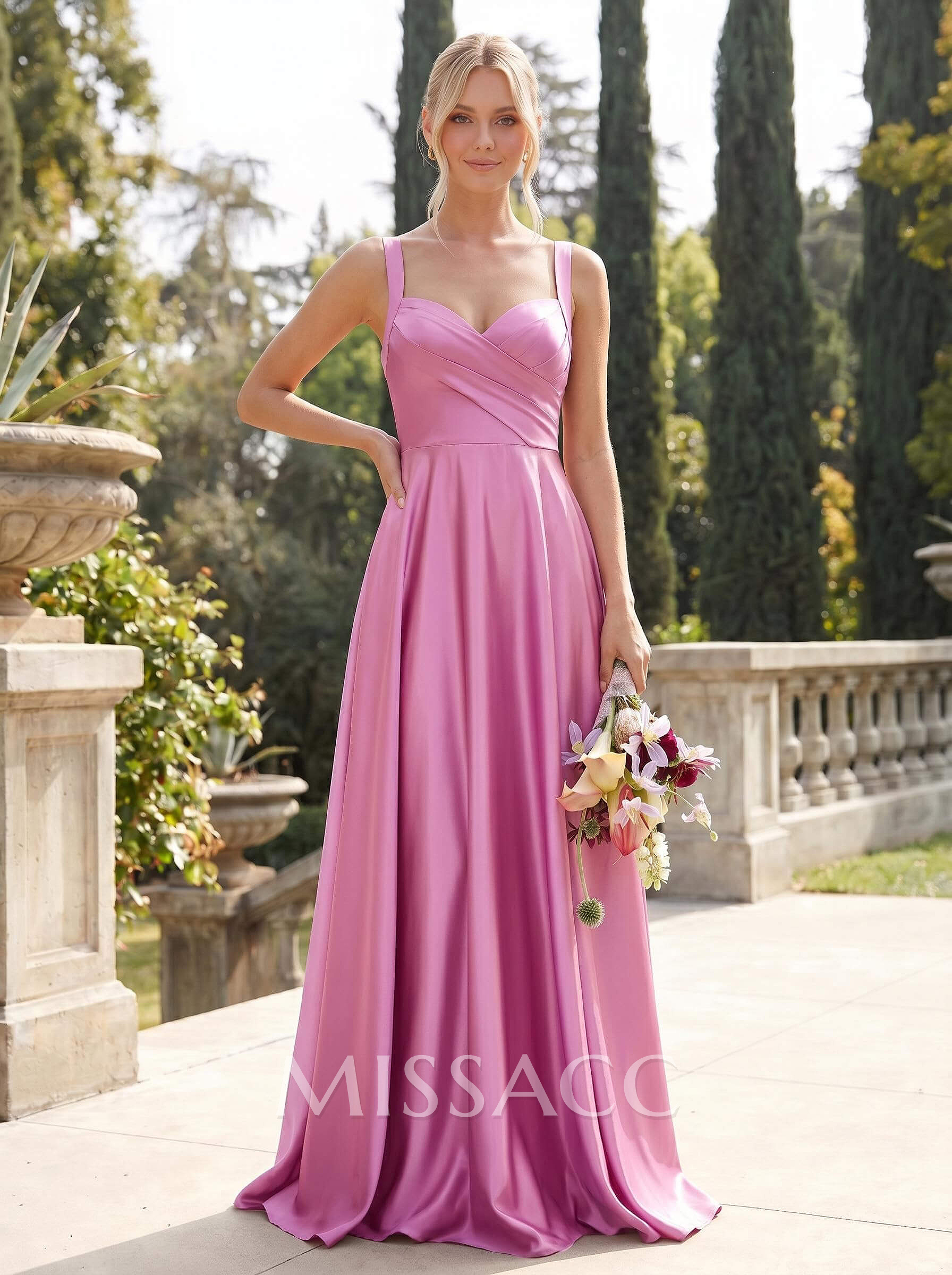 A-Line Sweetheart Sleeveless Floor-Length Satin Bridesmaid Dresses With Pockets