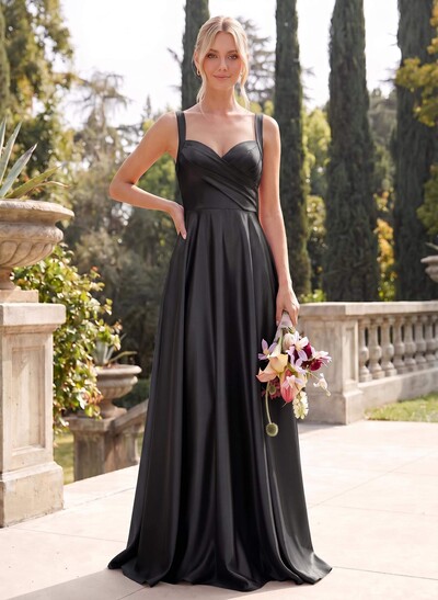 A-Line Sweetheart Sleeveless Floor-Length Satin Bridesmaid Dresses With Pockets