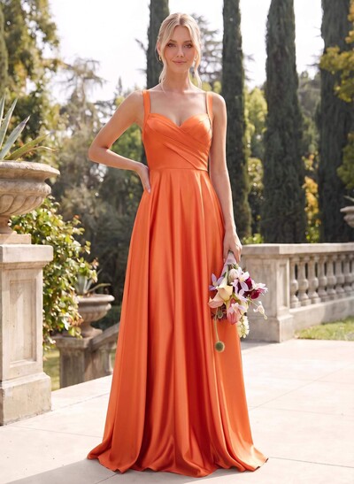 A-Line Sweetheart Sleeveless Floor-Length Satin Bridesmaid Dresses With Pockets