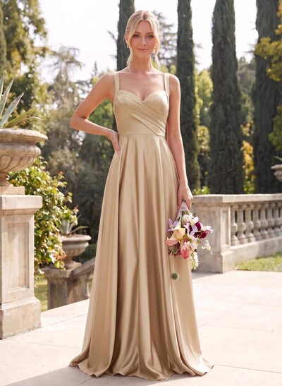 A-Line Sweetheart Sleeveless Floor-Length Satin Bridesmaid Dresses With Pockets