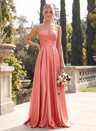 A-Line Sweetheart Sleeveless Floor-Length Satin Bridesmaid Dresses With Pockets