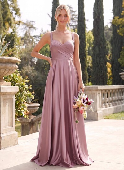 A-Line Sweetheart Sleeveless Floor-Length Satin Bridesmaid Dresses With Pockets