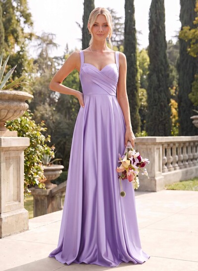 A-Line Sweetheart Sleeveless Floor-Length Satin Bridesmaid Dresses With Pockets