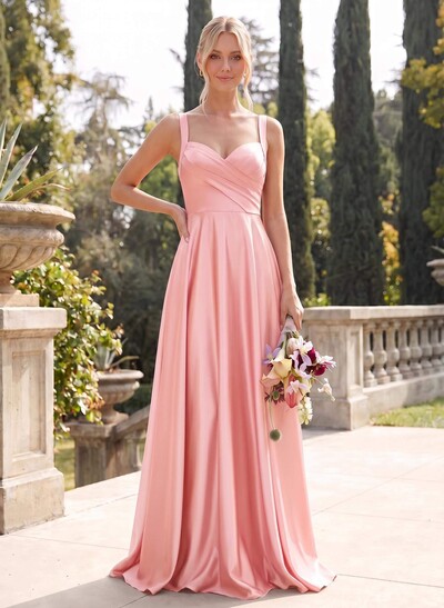A-Line Sweetheart Sleeveless Floor-Length Satin Bridesmaid Dresses With Pockets