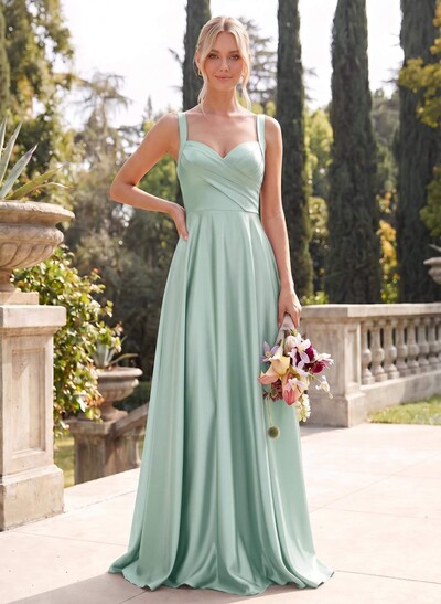 A-Line Sweetheart Sleeveless Floor-Length Satin Bridesmaid Dresses With Pockets